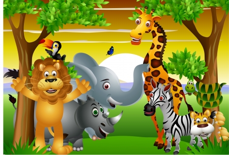 Wild African animal cartoon with blank sign のイラスト素材