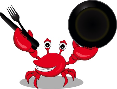 funny cartoon red crab which was holding a fork, knife and plateのイラスト素材