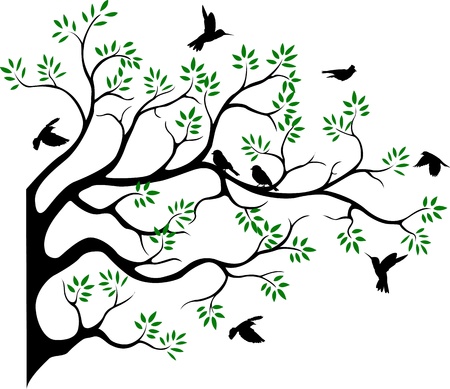 beautiful tree silhouette with bird flyingのイラスト素材