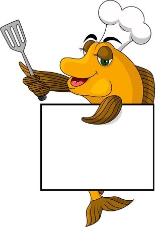 cartoon cook fish with blank signのイラスト素材