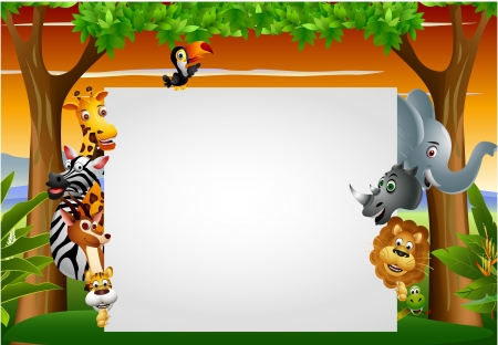 Wild African animal cartoon with blank signのイラスト素材