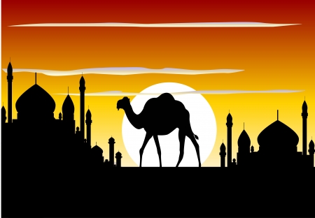 beauty silhouette of camel trip with mosque backgroundのイラスト素材