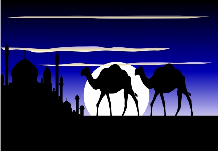 beauty silhouette of camel trip with mosque backgroundのイラスト素材