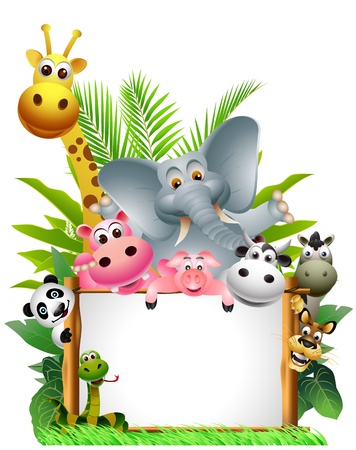 Wild African animal cartoon with blank signのイラスト素材