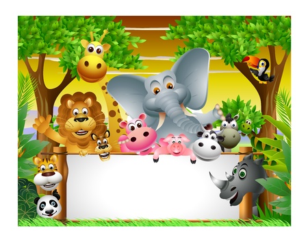 Wild African animal cartoon with blank signのイラスト素材