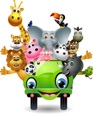 funny animal cartoon set in green carのイラスト素材
