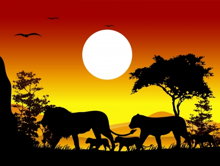 beauty lion family trip silhouettes with landscape backgroundのイラスト素材