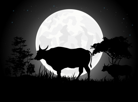 Beautiful Cow silhouettes with giant moon backgroundのイラスト素材