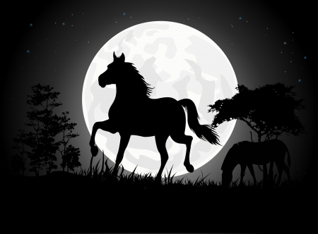 Beautiful Horse silhouettes with giant moon backgroundのイラスト素材