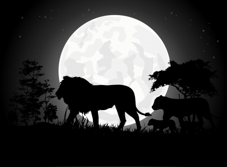 Beautiful Lion family silhouettes with giant moon backgroundのイラスト素材