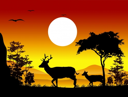 beauty deer silhouettes with landscape backgroundのイラスト素材