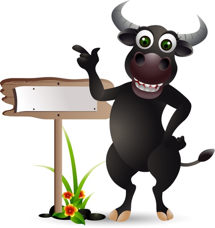 funny buffalo cartoon with blank boardのイラスト素材