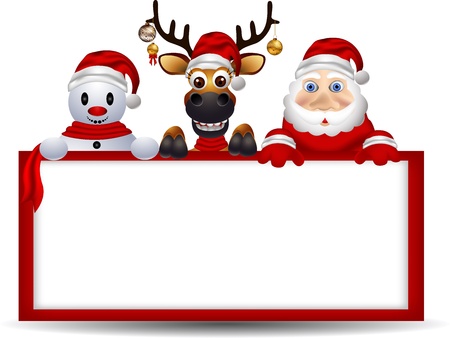 cartoon santa claus ,deer and snowman with blank signのイラスト素材