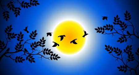 tree silhouette with birds flyingのイラスト素材
