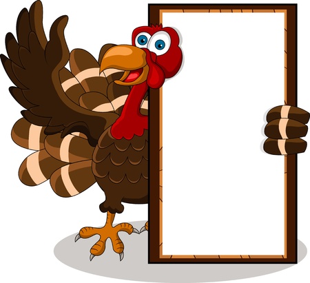 happy turkey cartoon with blank boardのイラスト素材