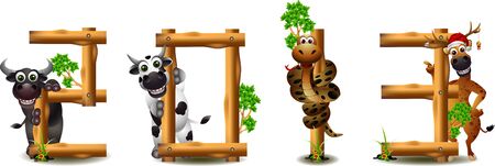 funny animal cartoon with new year conceptのイラスト素材