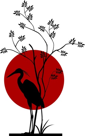 heron silhouette with moon backgroundのイラスト素材