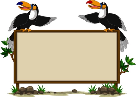 couple toucan sitting on blank signのイラスト素材