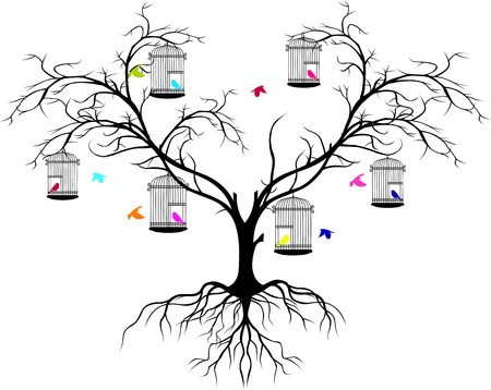 tree silhouette with color birds flying and bird in a cageのイラスト素材