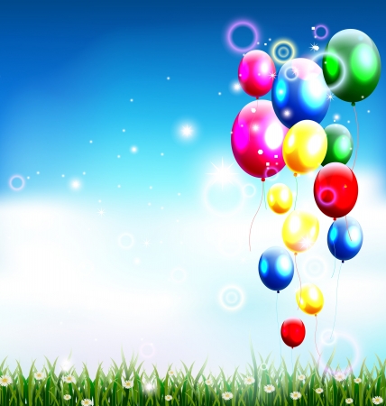 balloons under blue sky and beauty grassのイラスト素材