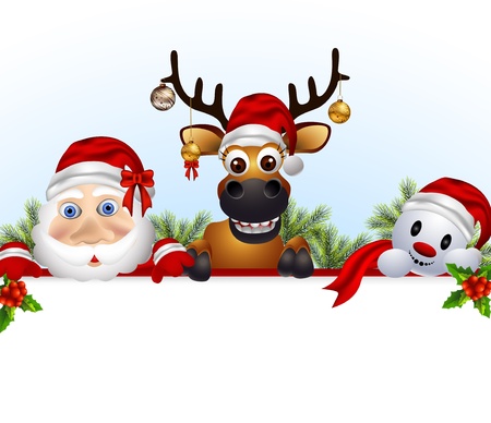 santa claus,deer,and snowman cartoon with blank signのイラスト素材