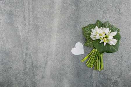 Bouquet of snowdrops on gray stone  background with copy space for message. First spring flowers. Greeting card for Valentine's Day, Woman's Day and Mother's Day holidays. Top view.の写真素材