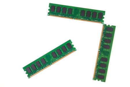 Three isolated microchips of DDR Random-Access Memory.