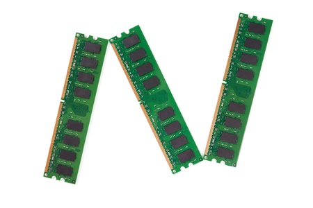 Three isolated microchips of DDR Random-Access Memory.