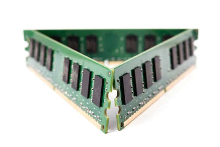 Three isolated microchips of DDR Random-Access Memory.
