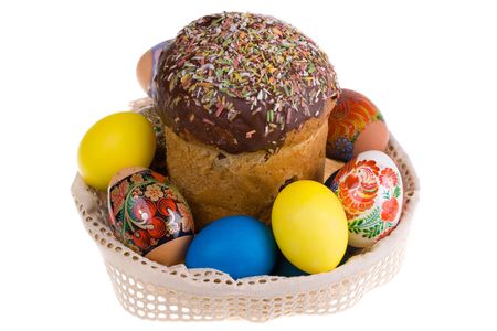 Celebratory dish with easter eggs and cake, isolatad 