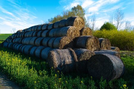 Beautiful Hay pyramids with blue cloudy sky and energy power line in background. Several rolls,...