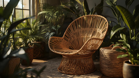 A stylish wicker armchair sits in a tranquil, sunlit room filled with lush green houseplants.の素材