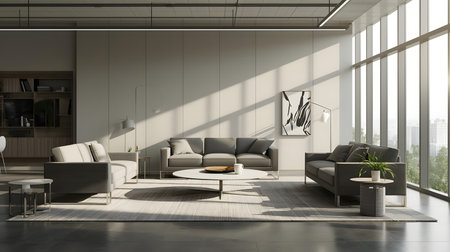 Modern spacious office lounge or living room with comfortable sofas, coffee tables, and large windows bringing in natural light and a city view.の素材