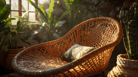 A serene scene featuring a woven wicker lounge chair with a patterned cushion, bathed in warm natural light.の素材