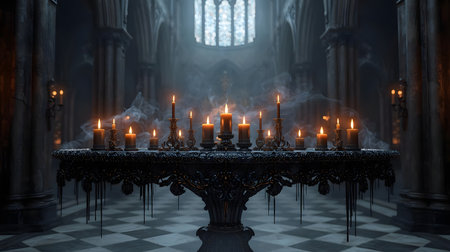 A mysterious Gothic church altar adorned with numerous lit candles, casting a warm glow amidst swirling smoke.の素材
