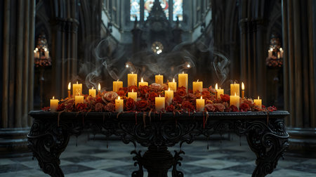 A mysterious gothic altar adorned with numerous lit candles and vibrant red roses, emitting smoke, creating a solemn and dramatic atmosphere.の素材
