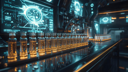 Rows of glowing glass vials filled with golden liquid in a futuristic science laboratory, with abstract blue digital screens displaying data in the background.の素材