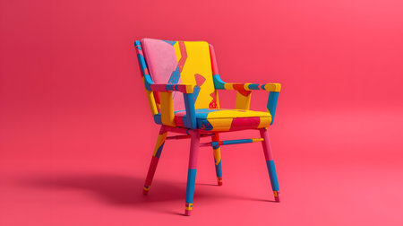 A vibrant, modern armchair featuring a pop art-inspired, abstract colorful pattern in pink, yellow, blue, and red.の素材