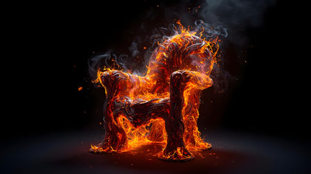 A dramatic image of a chair engulfed in intense flames and molten lava, glowing brightly against a dark, mysterious background.の素材