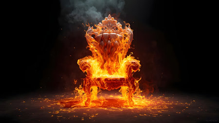 A striking image of an ornate, luxurious royal throne completely engulfed in fierce flames and billowing smoke, set against a dark, minimalist background.の素材