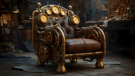 An elaborate steampunk armchair crafted from brass, gears, and rich leather, featuring multiple functional gauges.の素材