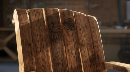 Close-up of a handcrafted rustic wooden chair backrest, featuring visible wood grain and knots.の素材