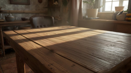 Empty rustic wooden kitchen table bathed in warm sunlight, creating strong shadows and highlights.の素材