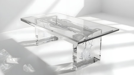 Modern clear acrylic coffee table featuring a captivating abstract liquid splash design embedded within its legs.の素材