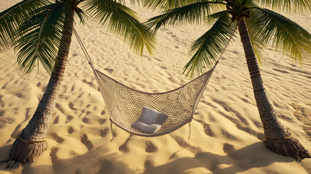 An empty net hammock is strung between two tall palm trees on a pristine golden sandy beach, offering a peaceful and idyllic scene for ultimate relaxation and a perfect tropical getaway.の素材