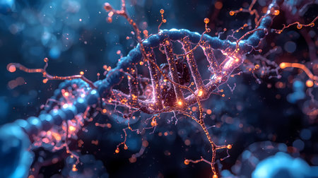 A stunning 3D render of a glowing, futuristic DNA double helix, intricately detailed with bright orange connections against a dark, bokeh background.の素材