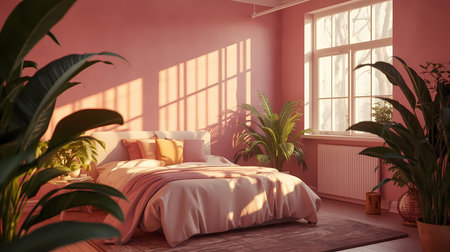 Bright and airy modern bedroom with soft pink walls, a comfortable bed with matching bedding, and numerous vibrant green houseplants.の素材
