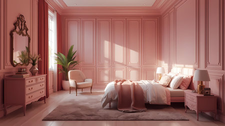 Elegant pink bedroom interior design featuring classic wainscoting walls, a cozy bed, and modern furniture.の素材