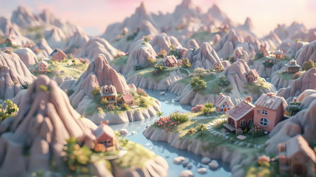 Whimsical miniature village nestled in a serene mountain valley.の素材