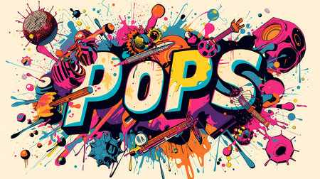 Dynamic POPS word art illustration in a vibrant, colorful, abstract style with paint splatters and dripping effects.の素材